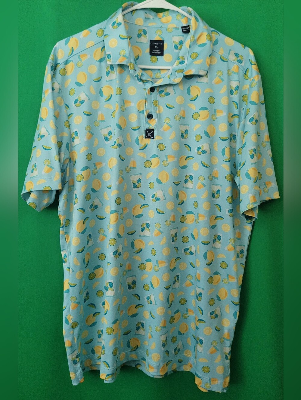 Con.struct Lemon Light Aqua Citrus-Print Short-Sleeve Polo Sz XL Golf Collared
